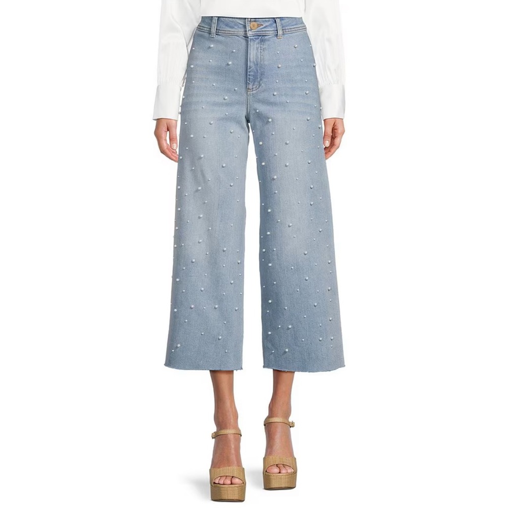 ANTONIO MELANI Light Blue Wide-Leg Pearl-Embellished Jeans
